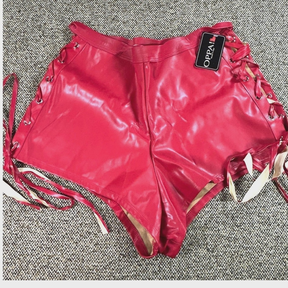 Oppa! Red Faux Leather Lace Up Side Shorts 3X NWT Festival Clubwear